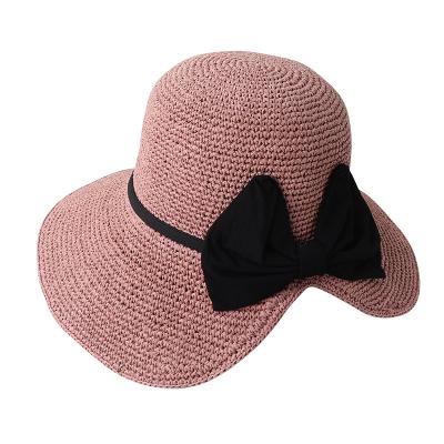 China Foldable Ladies Beach Ladies Summer Bowknot Comfortable Outdoor Cool Sunscreen Small Beach Bucket Hats Straw Hat Wide Brim Straw Hat for sale