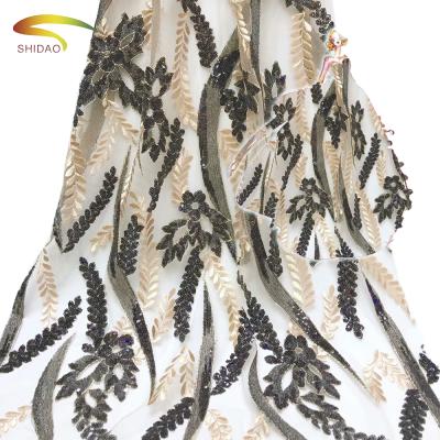 China Sustainable French Lace Fabric Beaded Embroidery Bridal Lace Fabric For Luxury Dress for sale