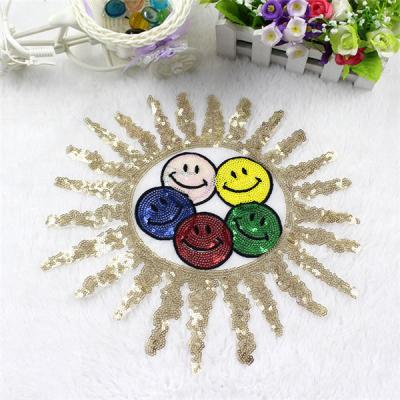 China New Fashion Sun Sequin Embroidery Smile Patch Viable Sew Or Iron On Fabric for sale