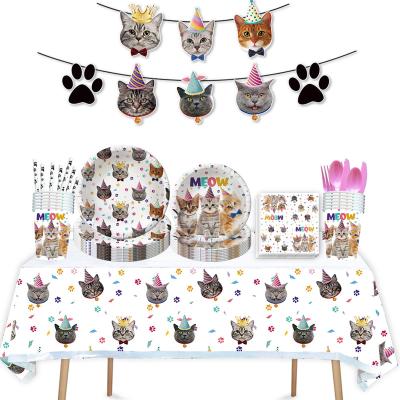 China Cat Paper Plate Paper Cup Paper Napkin Disposable Birthday Party Cutlery Pet Festival Decoration Cat Paw Gift Shower Party Supplies for sale