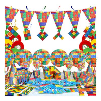 China Festival Decoration Building Block Party Supplies Disposable Cutlery Set Brick Paper Plate Paper Cup Napkins Birthday Party Decorations Toy Supplies for sale