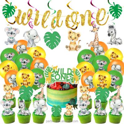 China ONE ONE Wild WILD Jungle Forest Animal Kids Birthday Party Banner Cake Insert Air Ball Spiral Decoration Set Shower Supplies for sale