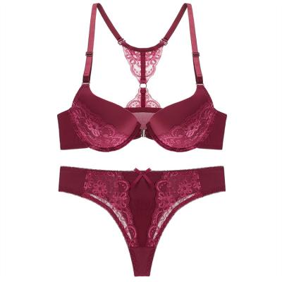 China New Push Up Breathable Sexy Bra And Thong Women Lingerie Set Front Buckle Lace Underwire Push Up Breathable Women Bra And Panties Set for sale