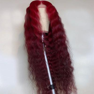 China Deep Wave Burgundy Hair Wigs Pre Plucked 13x4 To Lace Front Wigs 180% Density Brazilian Virgin Hair Deep Wave Wigs With Baby Hair for sale