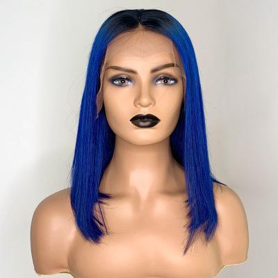 China Short Straight 10A Bob Full Lace Human Hair Wigs-Glueless Brazilian Virgin Hair Blue Color Virgin Hair Short Wig Pre Plucked Bleached Knots for sale