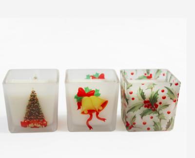 China Sniffed Customized 8*8*8cm Square Cubes Luxury Custom Scented Christmas Candle In Glass Jar for sale