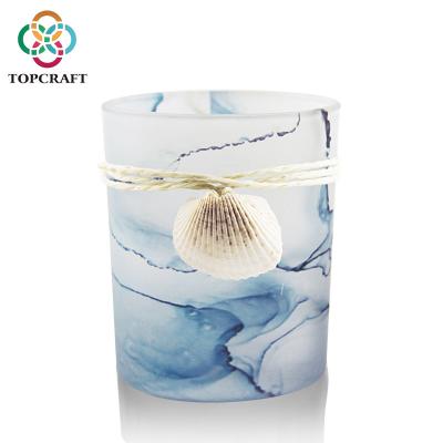 China Mediterranean Vintage Cylinder Votive Candle Holders Bangs Candlestick Sky Blue Windproof Glass Candle Holder for sale