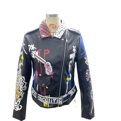 China Fashion new custom slim QUICK DRY graffiti printing leather jacket leather coat for sale