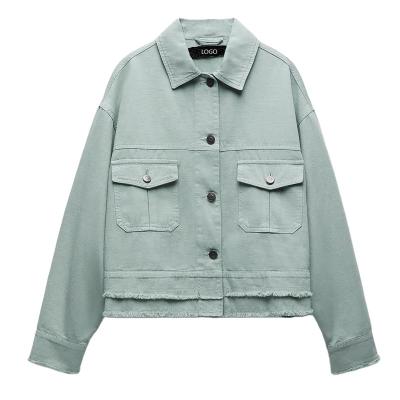 China Wholesale Custom Women's Breathable Jackets Plus Size Chest Patch Pocket Mint Green Women Denim Jacket Girls Coat With Rough Edges for sale