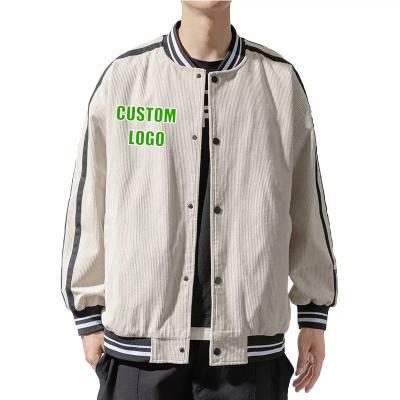 China Custom Viable Logo Streetwear Baseball Snap Placket Drop Shoulder Ribbed Cuffs Hem Stripe Corduroy Varsity Side Jacket for sale