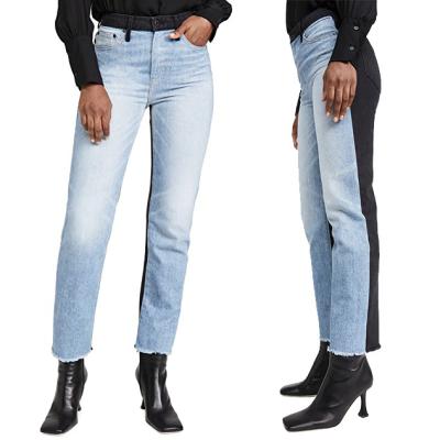 China Fashion Breathable Custom Women Patch Two Tone Straight High-Rise Clean Look Jeans Denim Pants Blue Black Pants For Female for sale