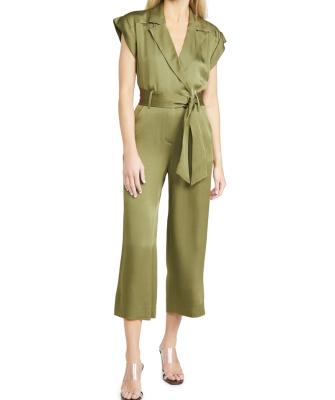 China Fashion Women's Custom Made Women's Career Overalls Olive Green V-Neck Satin Overalls Ladies QUICK DRY Overalls With Sashes Wholesale for sale