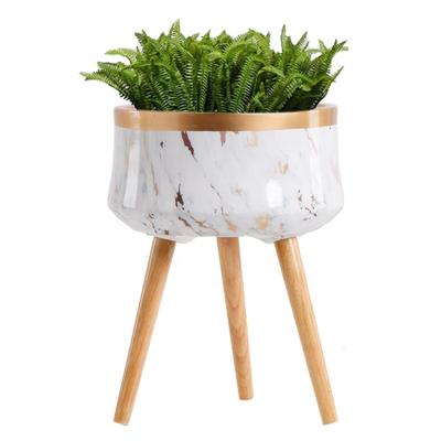 China Serving Gold Rim Flower Pot Planter Modern Hot New Tabletop Marble Vase With Wooden Stand Legs For Home Decor for sale