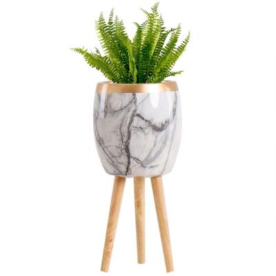 China Creative Modern Gray Marble Vases Flower Plant Pot With Stand Wooden Modern Plant Station Succulent Desk for sale