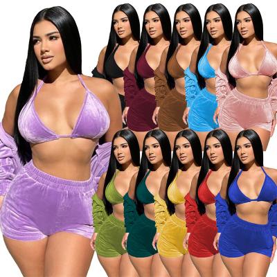 China 2022 QUICK DRY Autumn Solid Color Halter Bikini Crop Top Shorts Long Sleeve Zippers Hoodie Casual Three Piece Set Women Clothing for sale