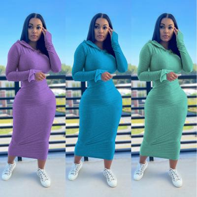 China 2021 Solid Color Maxi Dresses Autumn Long Flare Sleeve Women Mid Waist Breathable Fashion Casual Hoodie Dress for sale