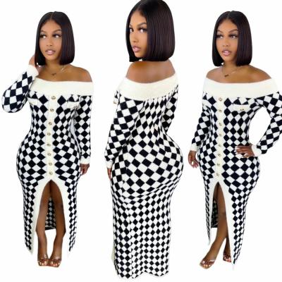 China Good Quality Breathable Plaid Print Casual 3xl Plus Size Knitted Dress Long -Shoulder Sheath Single Breasted Women Sweater Dress for sale