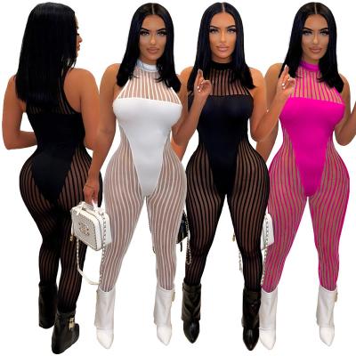 China New Arrival Anti-wrinkle Solid Color Slim Perspective Sexy Stitching Mesh Jumpsuit For Summer European Women's Clothing for sale