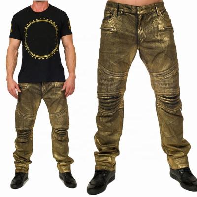 China Biker Jean In Decal Gold Wash Breathable Biker Jeans Men's Breathable Biker Jeans for sale