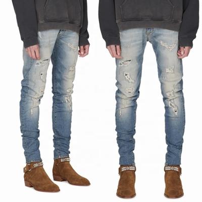 China oem breathable breathable cheap jeans for men bulk wholesale lattice pants ripped patchwork jeans men stitching china for sale