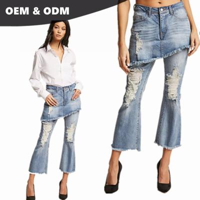 China Color Fade Proof Color Fade Proof OEM Manufacturers China Pants New Style Ripped Scratch Distressed Women Layered Crop Flare Jeans 010 for sale