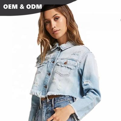 China High Quality Breathable Breathable Women Distressed Denim Trucker OEM Wholesale Custom Branded Stylish Crop 031 for sale