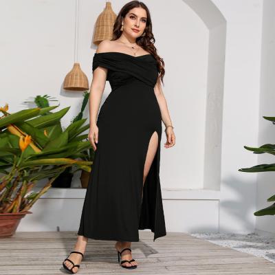 China 2022 Summer New Amazon French Dress Anti-wrinkle Off-the-Shoulder Border Temperament Long Plus Size Women's Clothing JR5036 for sale