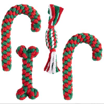 China Viable Christmas Pet Gift Dog Cotton Rope Toys Set 2pcs Candy Cane Bone & Candy Toy Total 4pcs for sale