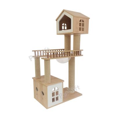 China Cat Tree Tower Sustainable Indoor Luxury Wooden Multi-Level Condo Cat Activity Center with sisal lining pole for sale