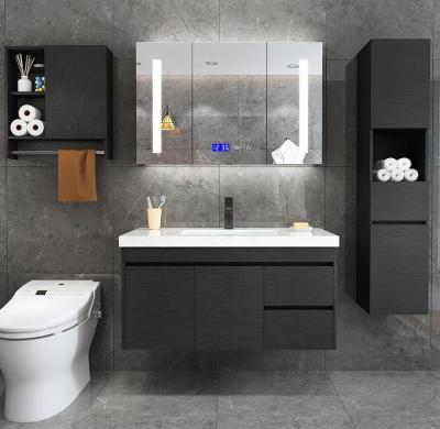 China Eco-friendly Water Proof Modern Black Floating PVC Bathroom Vanity Set With Basin Mirror for sale