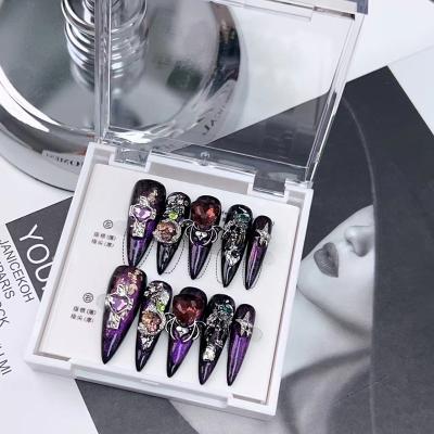 China Design Black and purple baroque long pointed nail flash diamond temperament nail art finished heavy industry pure hand-wearing armour for sale