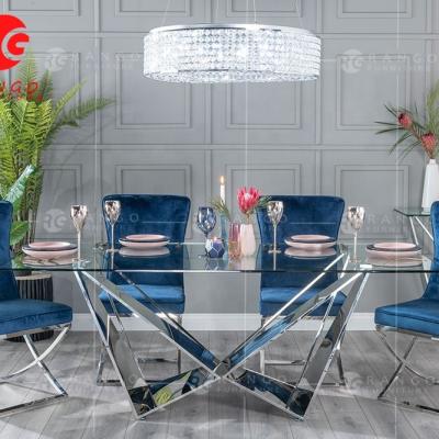 中国 Glass and Adjustable Dining Table (Height) Stainless Steel Glass and Chrome Dining Table with 4 Mink Chairs 販売のため