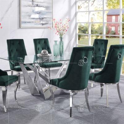 China (Size) Modern 12mm Dining Table Adjustable Glass Dining Table With Green Velvet Chairs for sale