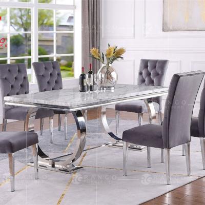 中国 (Height)Adjustable Marble Top Dining Table With Black Velvet Chairs Glass Top Dining Table With Chrome Base 販売のため