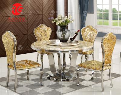 중국 Hot Selling Adjustable Dining Table Silver Finish Marble Top Round Table (Height) With Black Velvet Chairs 판매용