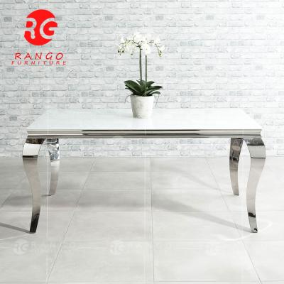 China (Size) Modern design tempered glass top adjustable white dining table with high quality stainless steel legs for sale