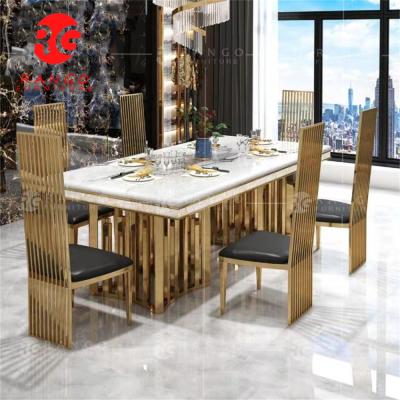 China (Size) 12 Seater Adjustable Modern Luxury Black Marble Dining Polished Stainless Steel Restaurant Table Set Gold for sale