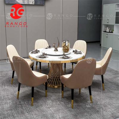 China (Size) Metal ROUND Gold Stainless Steel Legs Adjustable Luxury Dining Table and Chair Sets Turntable Dining Table Rand 6 Chairs Home Furniture for sale