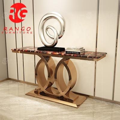 China (Size) 2022 adjustable metal and marble glass sofa table stainless steel console table top rose gold hallway table for sale