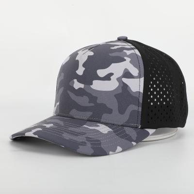 China COMMON Wholesale Custom High Quality 5 Panel Structured Laser Cut Holes Perforated Hat, Mens Black Camouflage Baseball Cap for sale