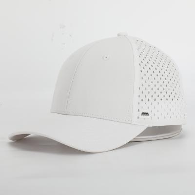 China Custom 6 COMMON Panel OEM White Laser Cut Hole Perforated Hat, Waterproof Flex Fit Baseball Cap, Logo Rubber Closed Back Fitted Dad Hat for sale