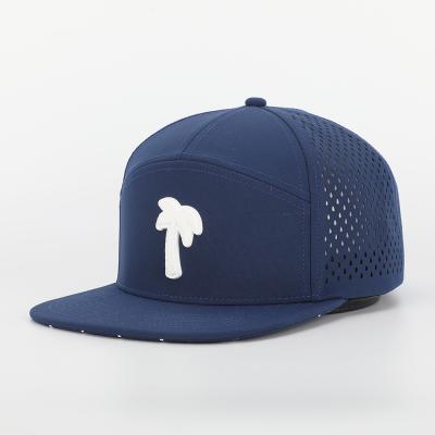 China BSCI Factory Meidiney Factory Waterproof Custom 7 Panel BSCI Palm PVC Patch Logo 168 Flat Snapback Hat, Laser Cut Perforated Waterproof Hat for sale