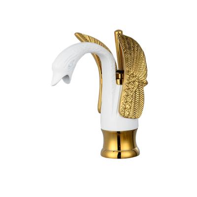 China Basin Shape Swan Shape Faucets White And Gold Single Handle Metered Tap New Hot And Cold Faucet Sale Sanitary Ware Metered Faucets Single Hole for sale