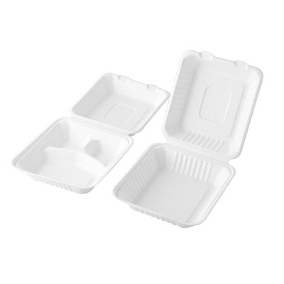 China Large Square 3 Compartments Hamburger Food Container Microwave Tableware Biodegradable Sugarcane Bagasse Take Out Gourmet Bagasse Box Packaging for sale