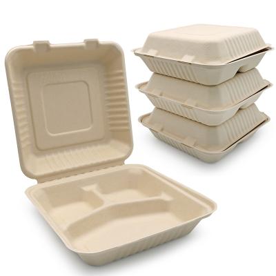 China Biodegradable Compostable Within 90 Day 1300ml 100% 3 Compartment Sugarcane Pulp Bagasse Bagasse Lunch Box Biodegradable Disposable Food Box 1300ml 100% 9*9 for sale