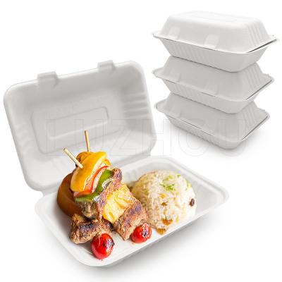 China Biodegradable Compostable Within 90 Day 900ml 9*6 Bagasse Clamshell Lunch Box Biodegradable Sugarcane Bagasse Disposable Food Container for sale