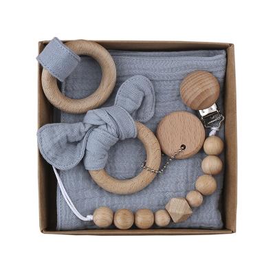 China Eco-friendly cute animal wooden teether clip baby rattle beach cotton crochet rattle tassel baby braid pacifier clip eco-friendly newborn baby gift set for sale