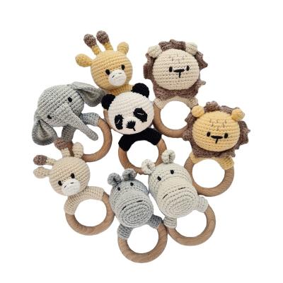 China Handmade Crochet Bunny Elephant Rabbit Reindeer Cow Giraffe Fox Baby Crochet Ring Rattle Eco-Friendly Wooden Toys Customization Crochet Gift for sale