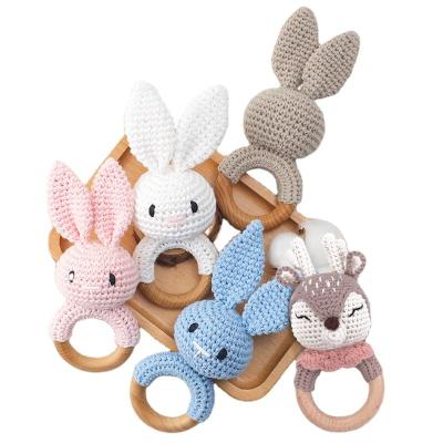 China Wooden Ring Rattle Toys Handmade Crochet Baby Animal Baby Rabbit Hippopotamus Crochet Teether Doll Toys Eco-Friendly Whale for sale