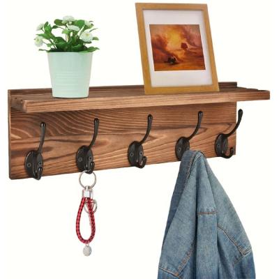 China Environmental Friendly Rustic Wooden Wall Coat Rack with 5 Coat Hooks Pegs for Entryway Bedroom for sale